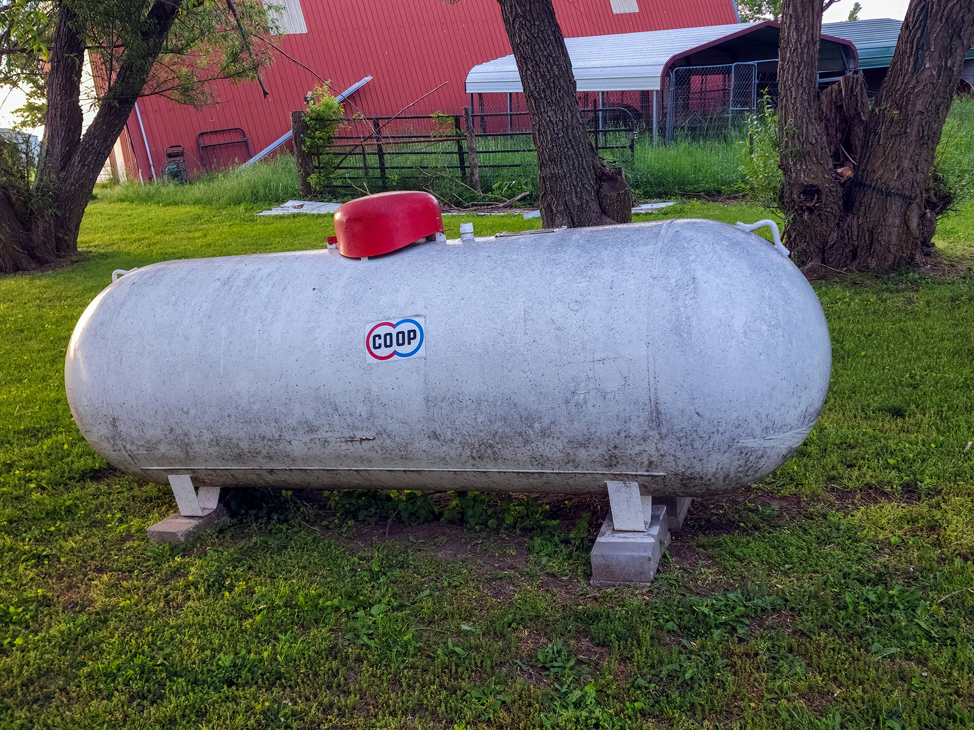 Above-ground propane tank set on concrete blocks on a residential property.